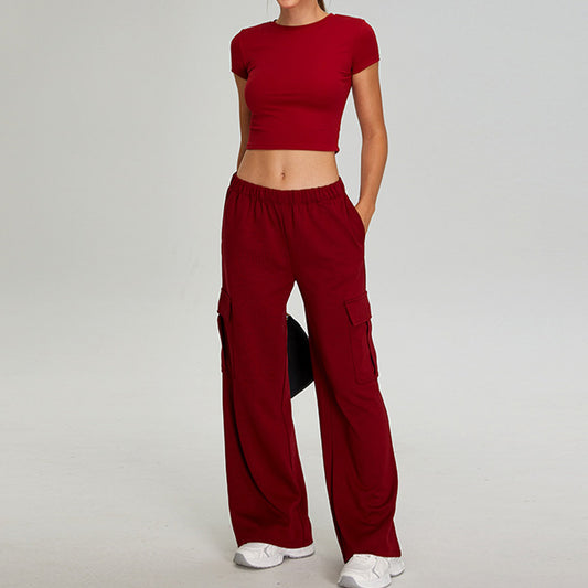 Short sleeve sports crop top + Straight Leg Cargo pants 2-piece set