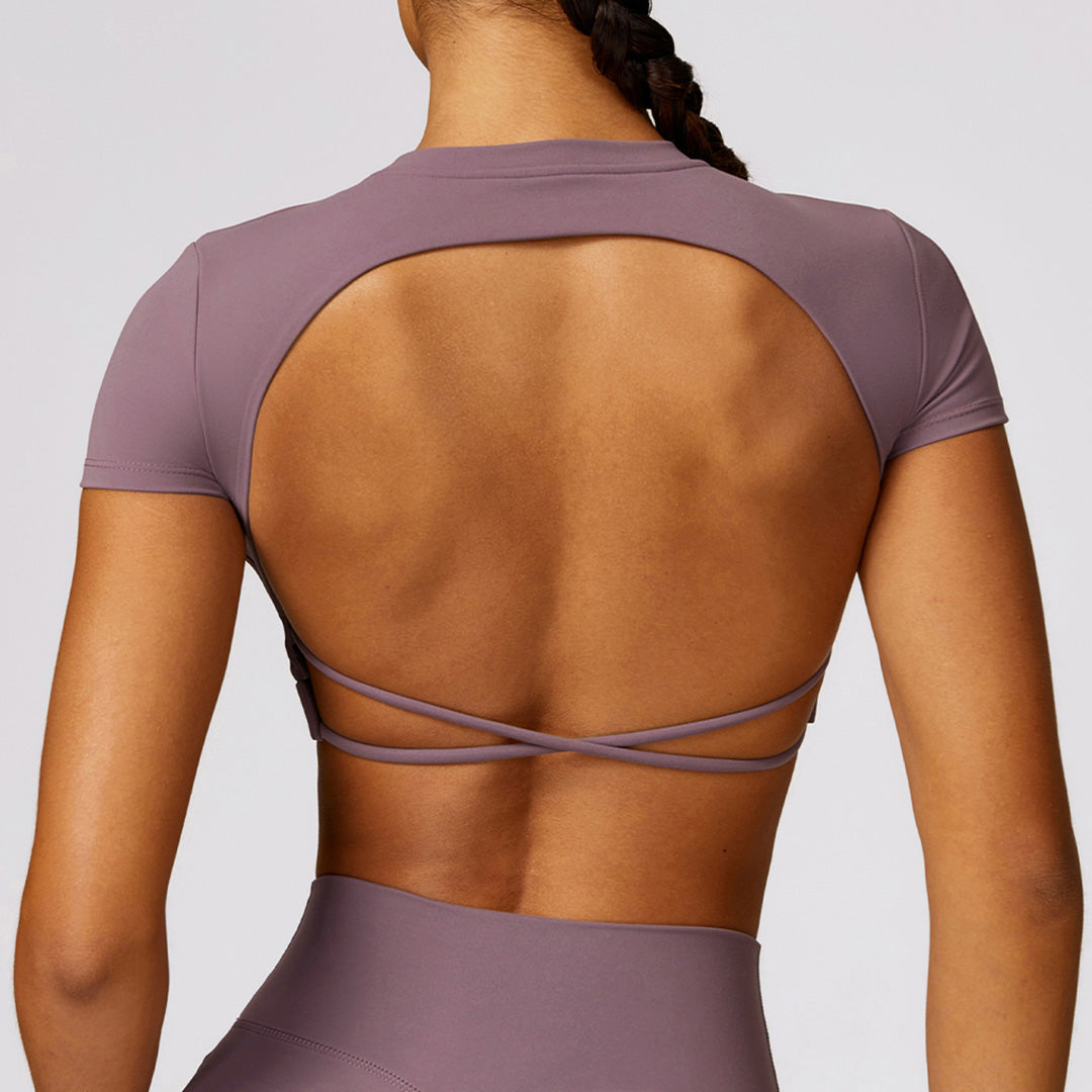 Cross Backless Short Sleeve Sports Crop Top