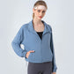 Stand collar elasticated hem zip pockets long-sleeved jacket