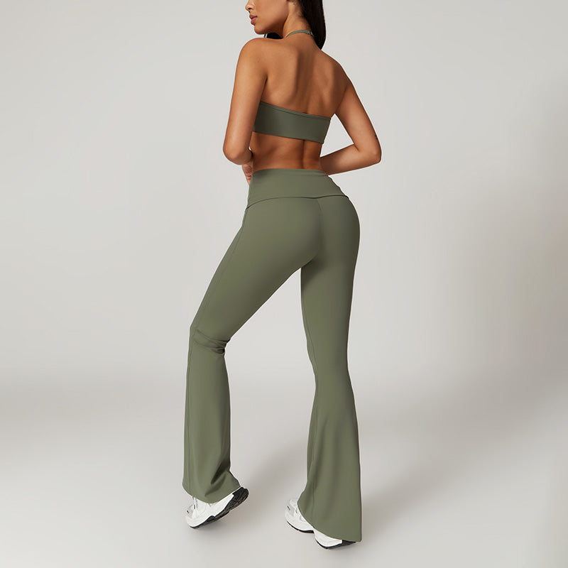 Quick Dry Halterneck Bra +Flare Leg Pants-2 Pieces Set