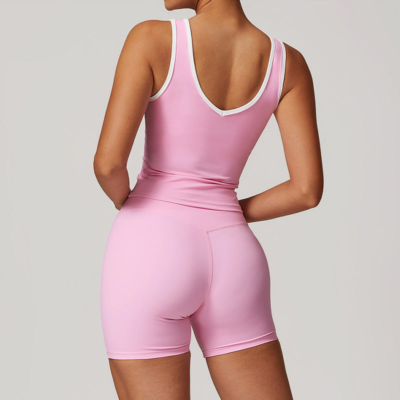 Contrasted color Fitness Nude Yoga Tank Top & High-waisted shorts Set