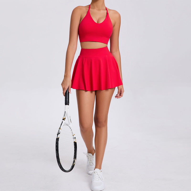 Nude Halter Sports Bra + Pleated Tennis Skirt 2-Piece Set