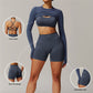 Threaded seamless long-sleeved top+bra+ high waist shorts 3 pieces set