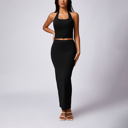 Halterneck tight tank top & long skirt casual set