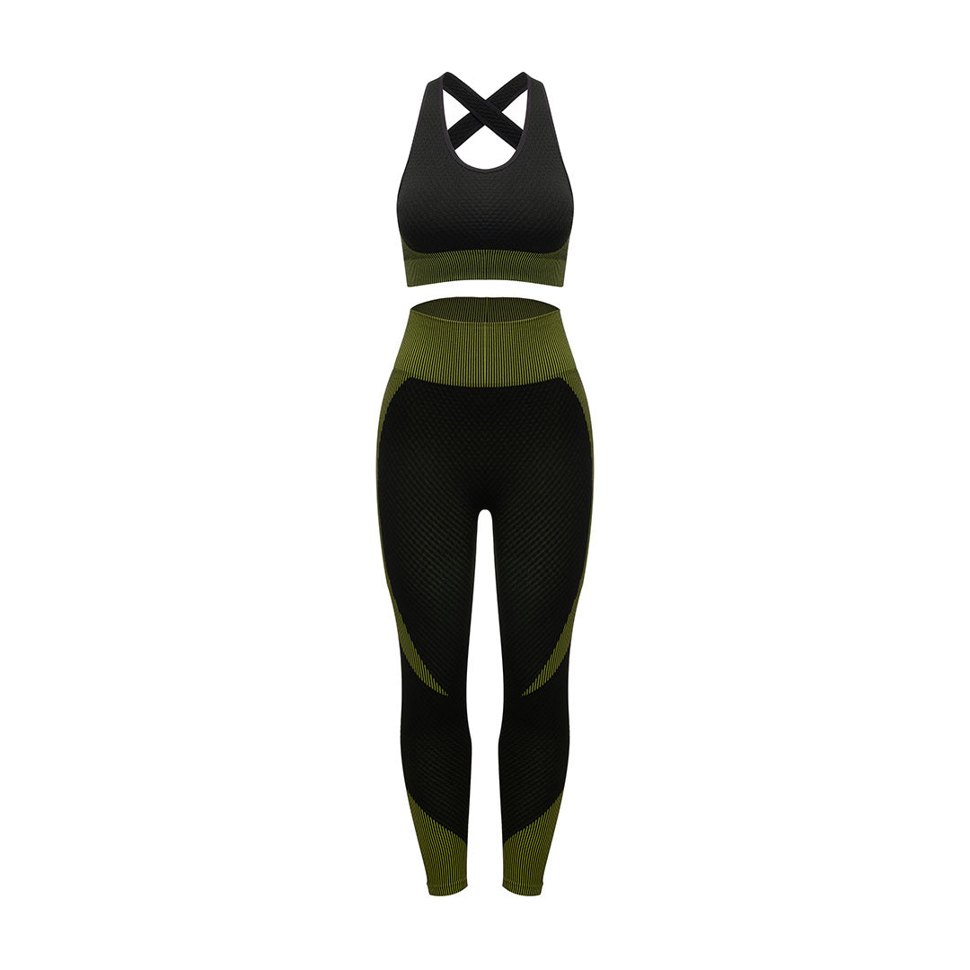 Long-sleeved top + sports bra + Legges three-piece set