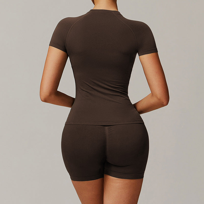 Threaded seamless short sleeve top+ high waist shorts 2 pieces set