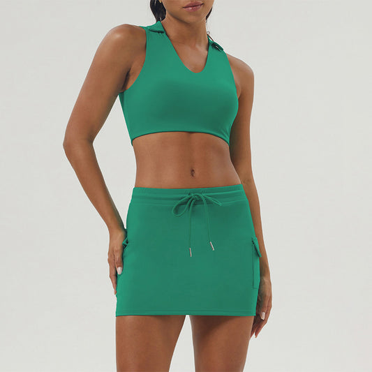 Nude Backless Sports Bra + Fitness Tennis Skirt 2-Piece Set