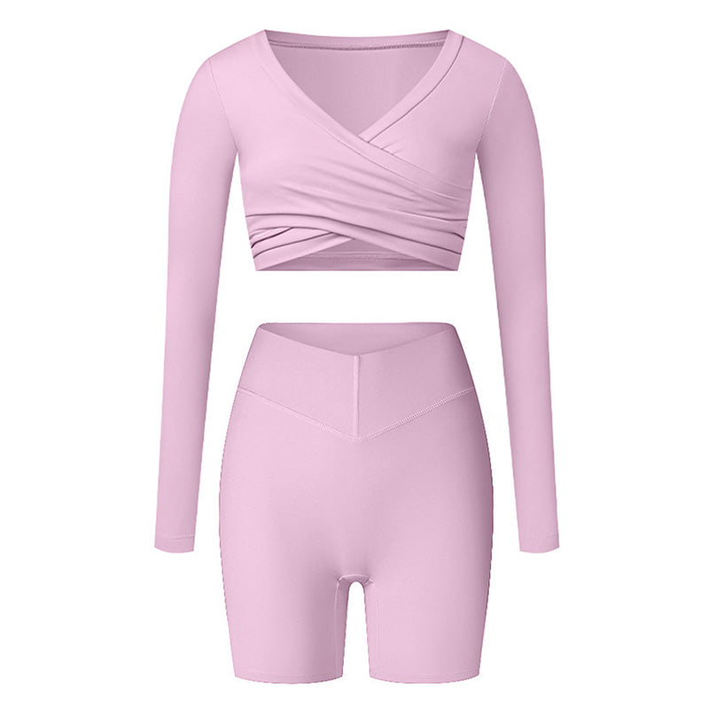 cross long sleeve sports crop top + high waist shorts 2-piece set