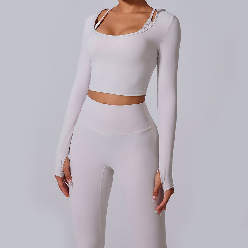 long sleeve hooded sports top + high waist leggings 2-piece set