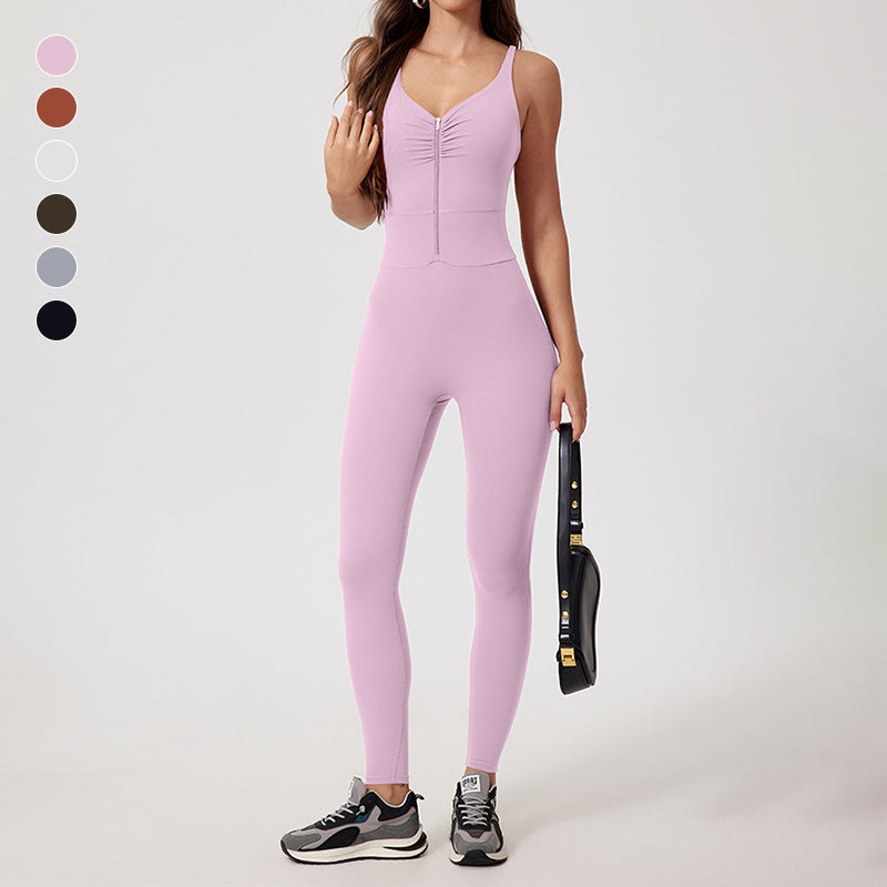 Brushed Full zipper Sleeveless sports jumpsuits