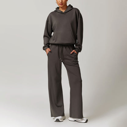 Casual Sports Hoodie Sweatshirts And Straight Leg Sweatpants Set