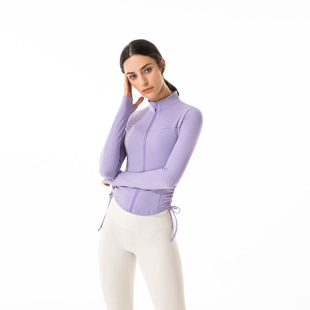 Drawstring stand up collar zipper jacket + Legging 2-piece set