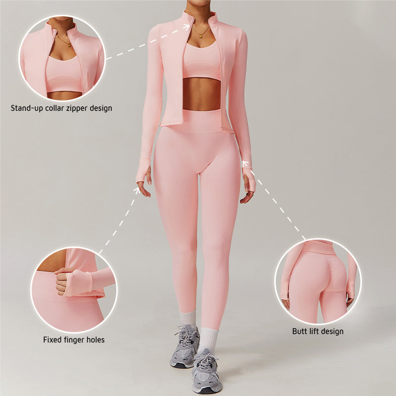 Quick Drying Zip Sports Jacket+High-waisted Hip-lifting Running Leggings