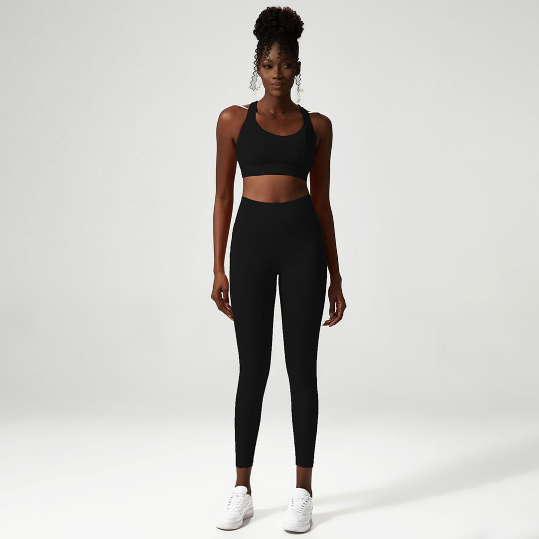 Solid back cross-sport bra + pants two-piece set