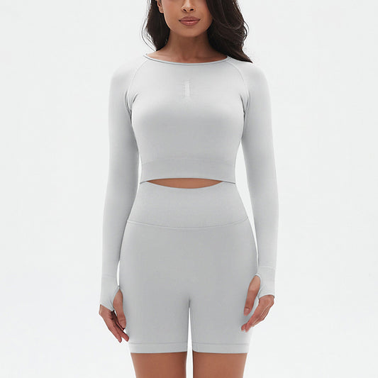 Seamless Sports Long Sleeve Top + High-Waisted Shorts Set