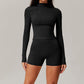 Long sleeve and stand-up collar top + High-waisted shorts 2-piece set