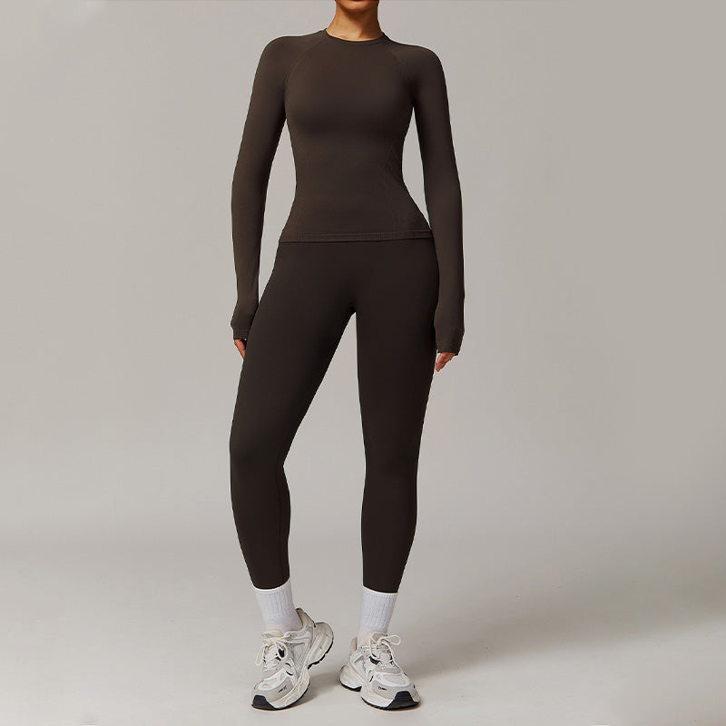 Threaded seamless long-sleeved top+ tight leggings 2 pieces set