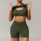 Threaded seamless short sleeve top+bra+ shorts 3 pieces set