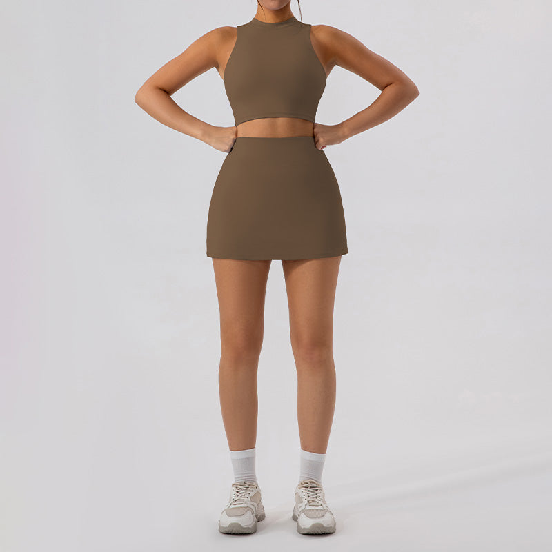 High-neck, breathable gym top & skirt sets