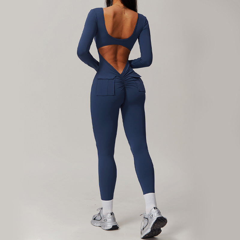 nude backless long-sleeved fitness jumpsuit