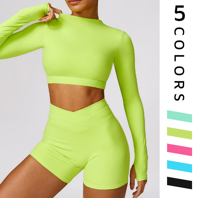 Quick-Dry long sleeve sports crop top + High waist shorts 2-pieces set