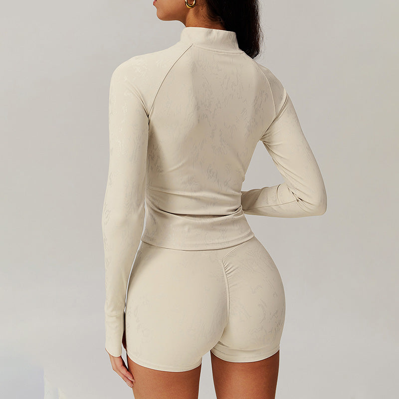 gold stamping Long Sleeve Fitness jacket + High waist shorts 2-piece set