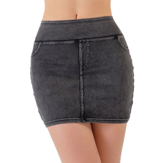 High Waisted Denim Elastic Waistband Pockets Yoga Skirt