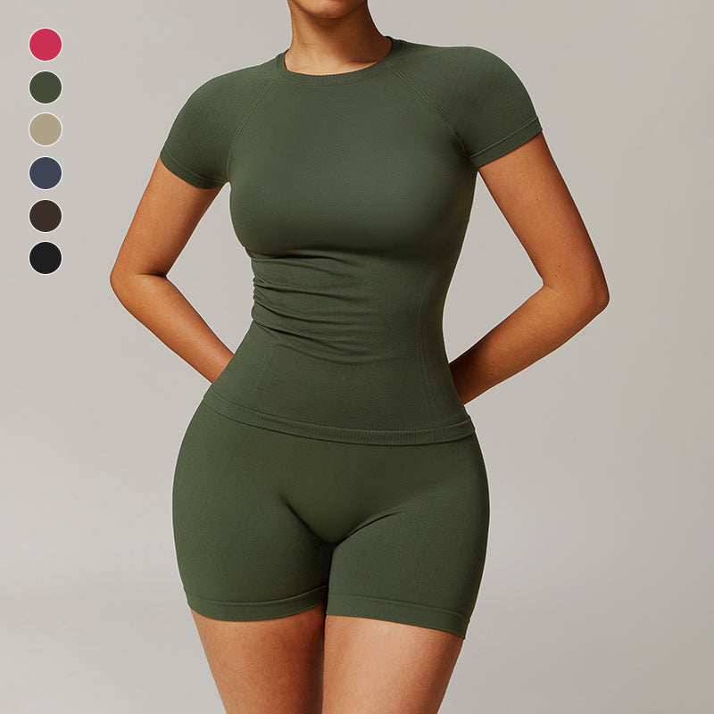 Threaded seamless short sleeve top+ high waist shorts 2 pieces set