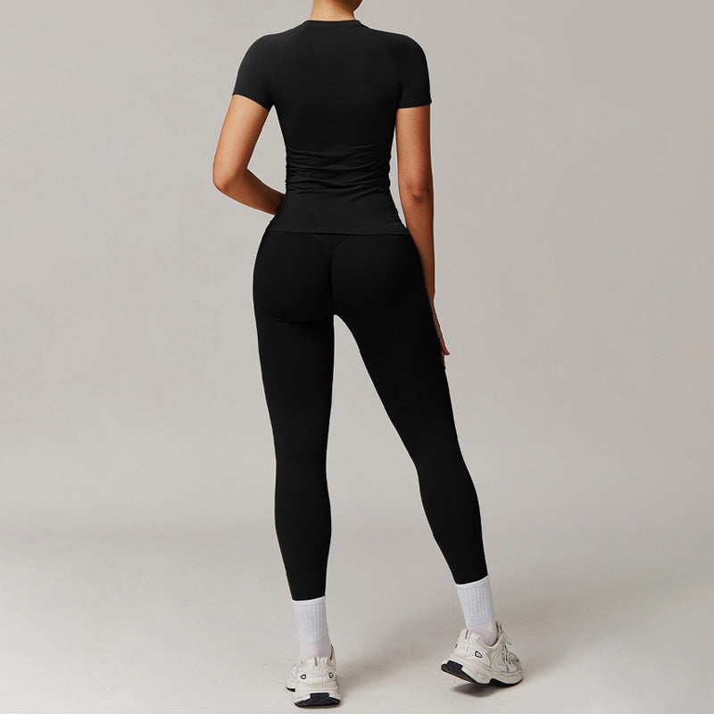 Threaded seamless short sleeve top+ tight leggings 2 pieces set