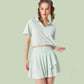 Solid color lapel sport short sleeve top & short skirt 2-piece set