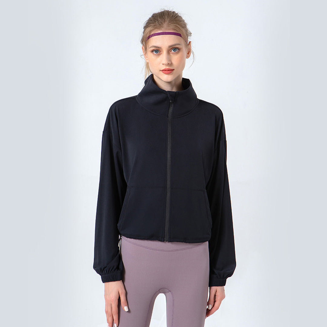 Stand collar elasticated hem zip pockets long-sleeved jacket