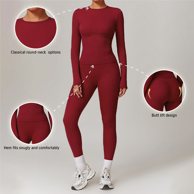 Brush long sleeve sports top & high waist Fitness leggings 2 piece Set