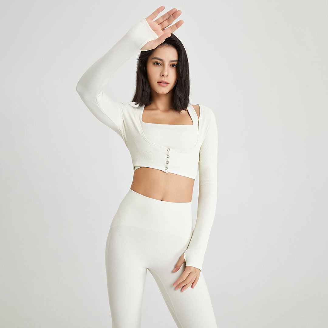 Cropped long-sleeved threaded buttoned sports top