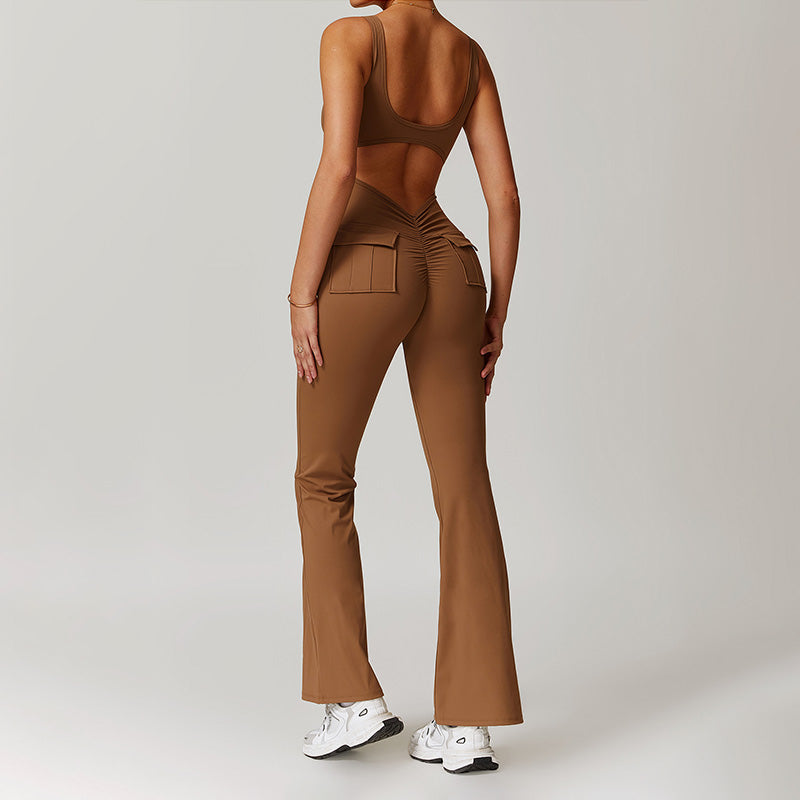 Hollow Back Yoga Jumpsuit with Cargo Pockets