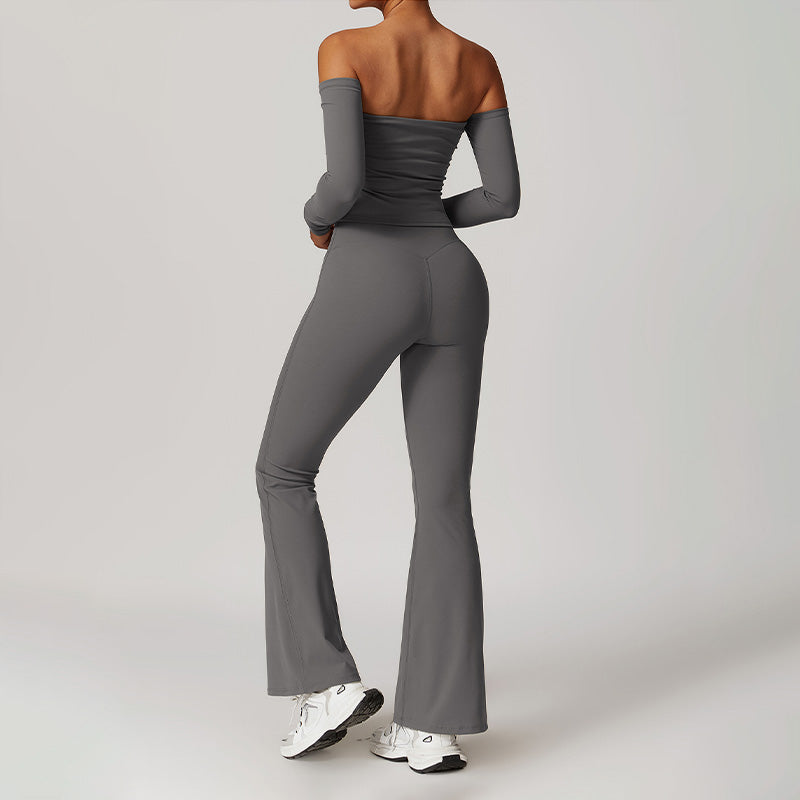 Brushed Off Shulder Long Sleeve Tube Top & High-Waist Flared Leg Pants Sets