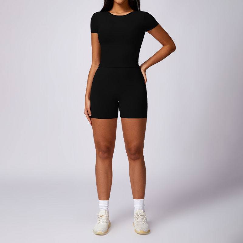 Backless short-sleeved top & tight shorts sets