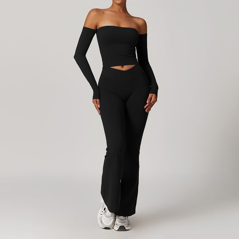 Brushed Off Shulder Long Sleeve Tube Top & High-Waist Flared Leg Pants Sets