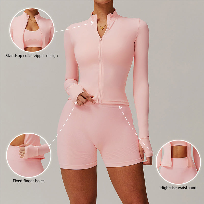 Quick Drying Zip Sports Jacket+Seamless Skinny High Waisted Yoga Shorts