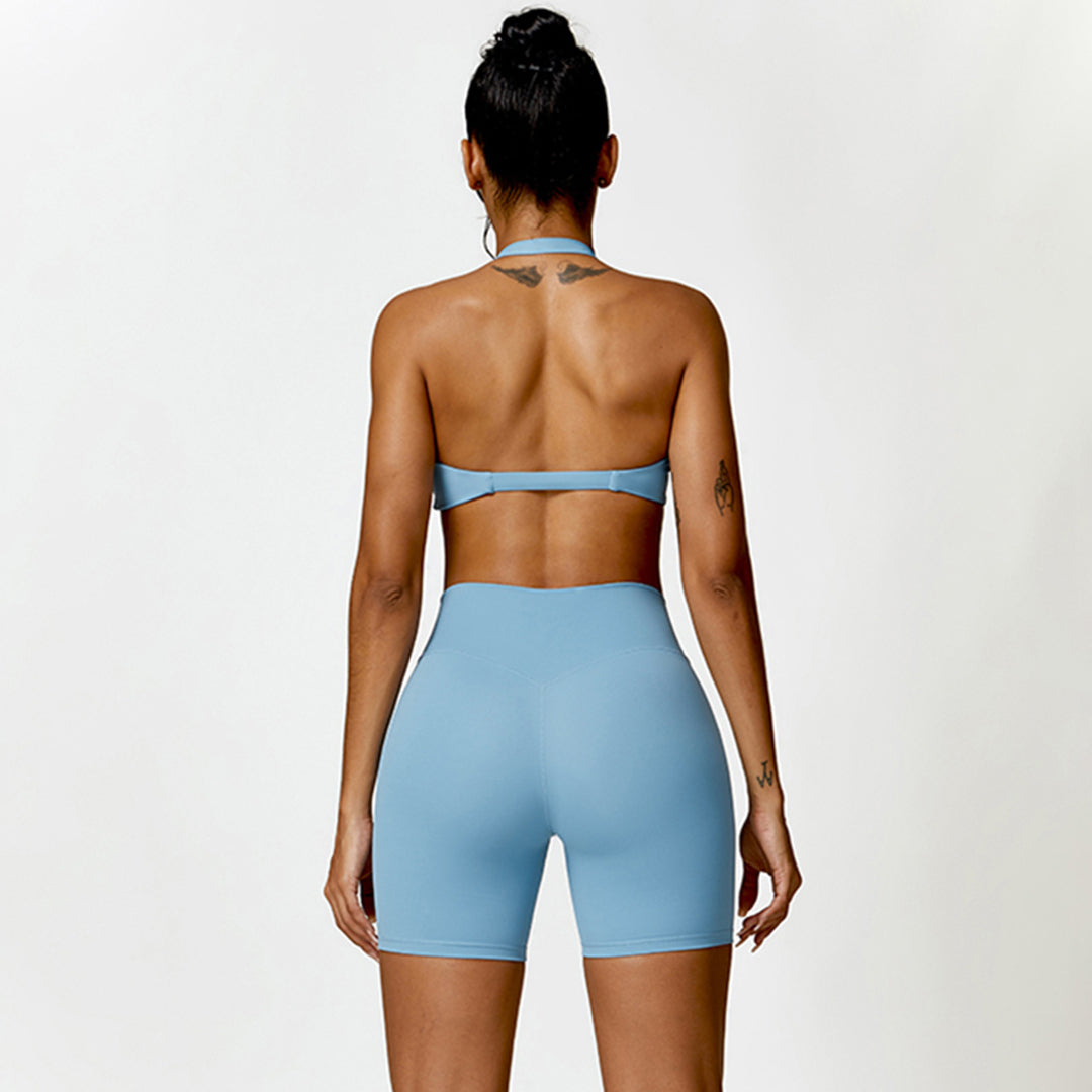 Quick-drying halterneck bra & sports shorts 2-piece set