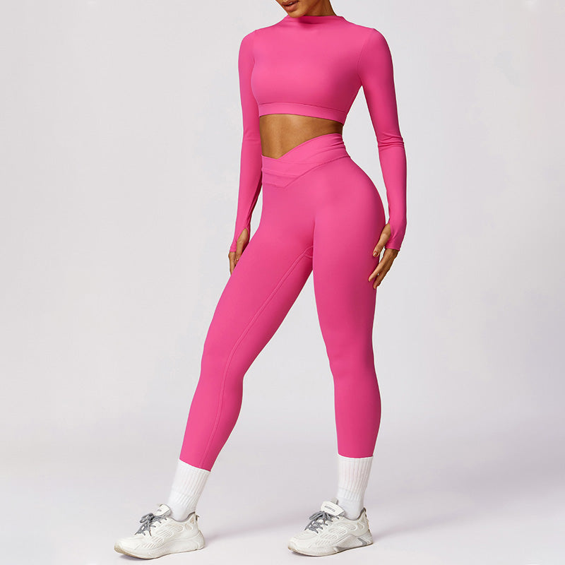 Quick-Dry long sleeve sports crop top + High waist legging 2-pieces set