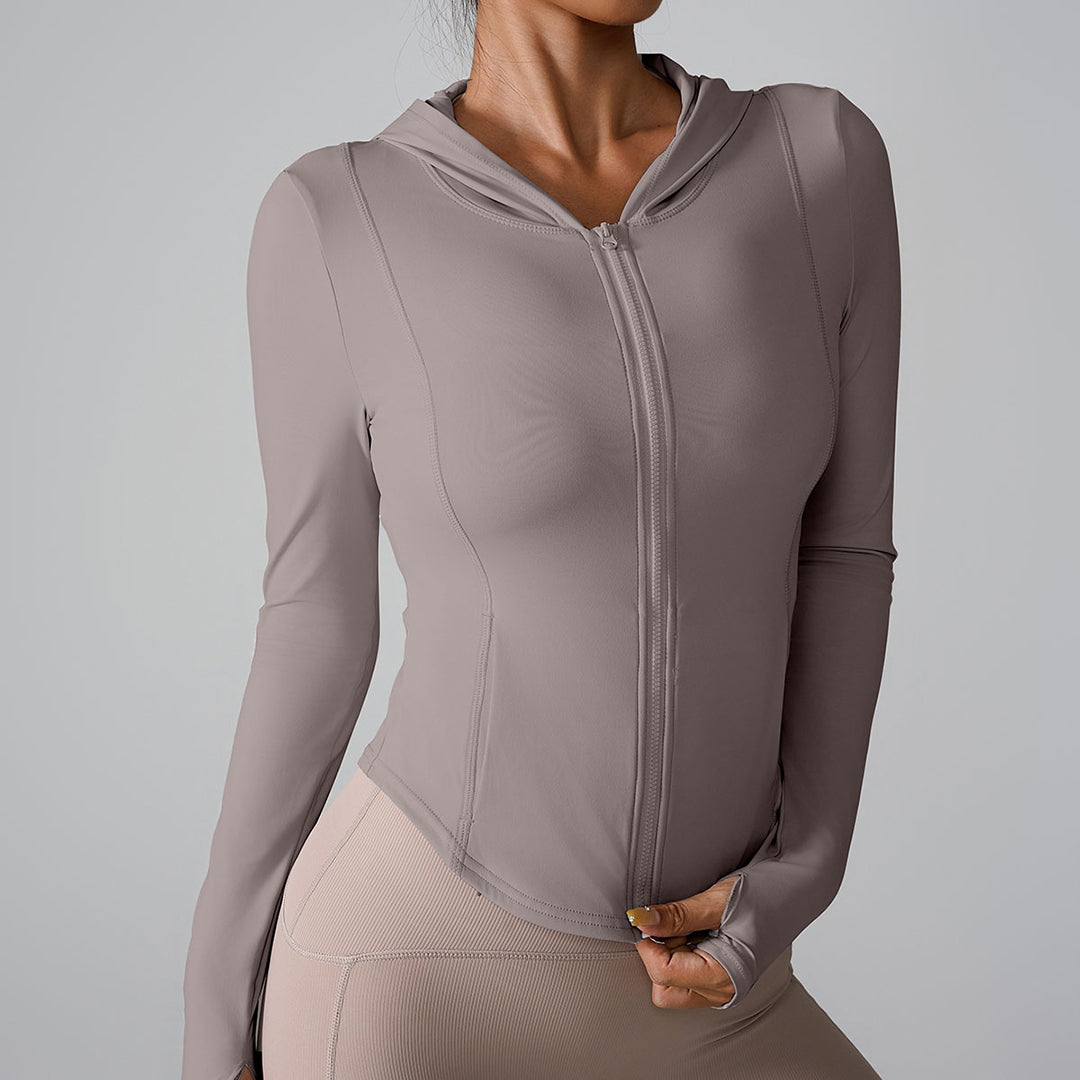 Long sleeved zippered hooded sports top