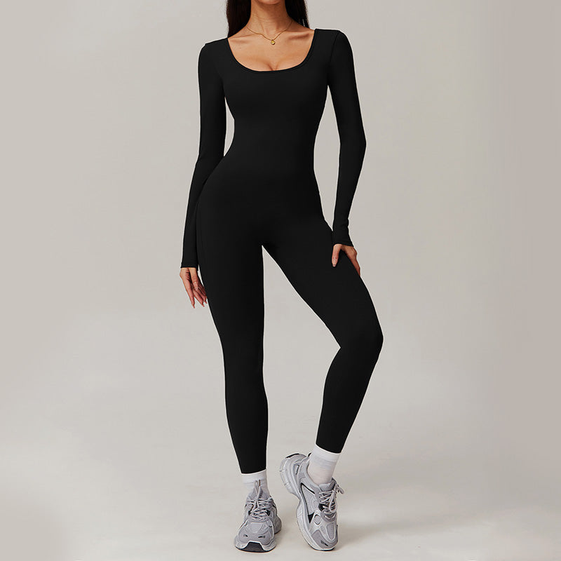 nude backless long-sleeved fitness jumpsuit