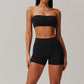 Nude tube top with sports bra+Solid High-waist shorts 2 pieces set