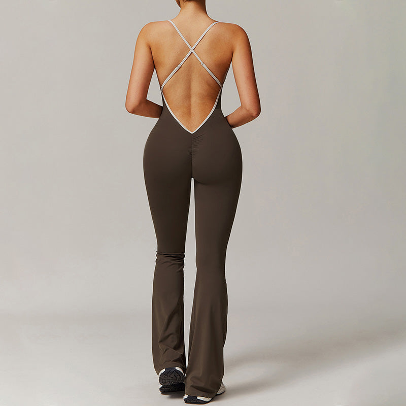 Hollow back yoga suit hip-lifting pleated flared jumpsuit