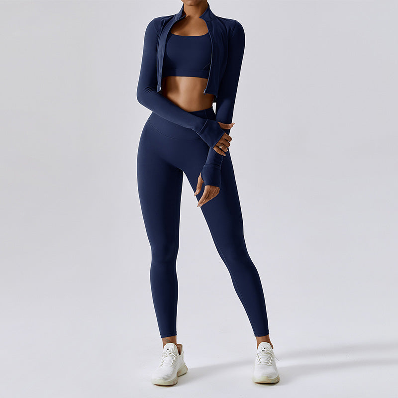 High-waisted Breathable Yoga Bra + Leggings + Jacket 3-piece Set