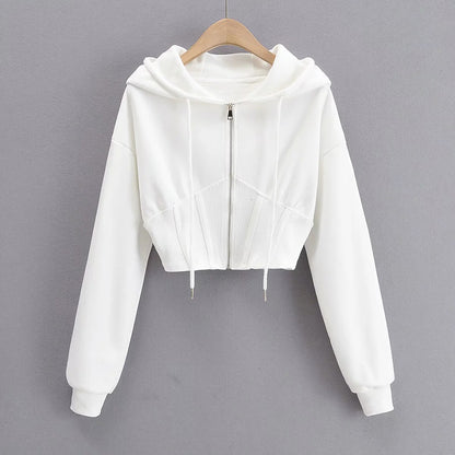 Casual Drawstring Zip Cropped Sports Hooded Jacket