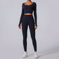 long sleeve hooded sports top + high waist leggings 2-piece set