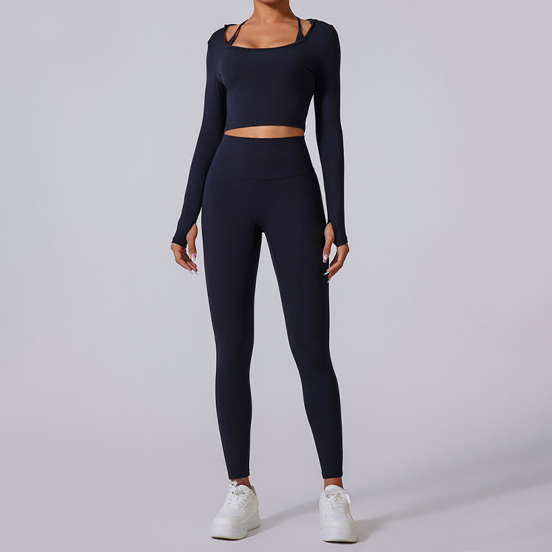 long sleeve hooded sports top + high waist leggings 2-piece set