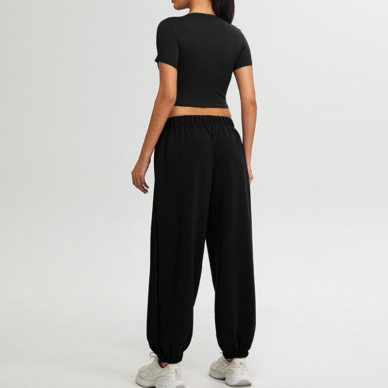 short sleeve crop top + Elastic Leg Sweatpants 2-piece Set