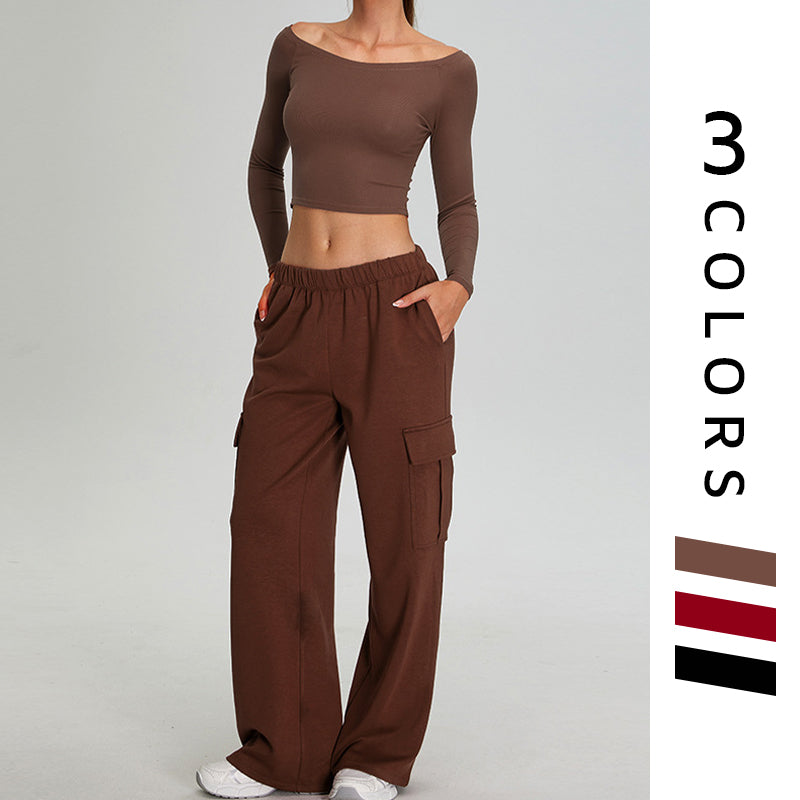 off shoulder long sleeve sports top + Straight Leg Cargo pants 2-piece set